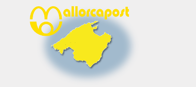 Logo von www.mallorcapost.de, gelbes Posthorn mit Schriftzug und Mallorcakarte